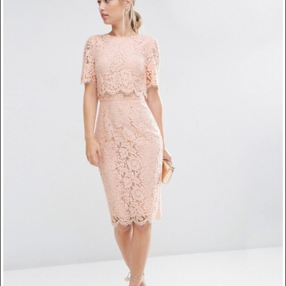 ASOS Blush Lace Crop Top Midi Pencil Dress